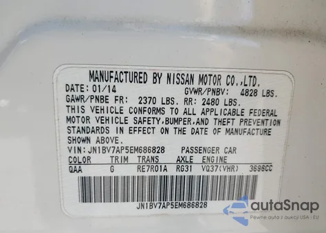 2014 Infiniti Q50 Premium z USA, uszkodzony, nr VIN JN1BV7AP5EM686828